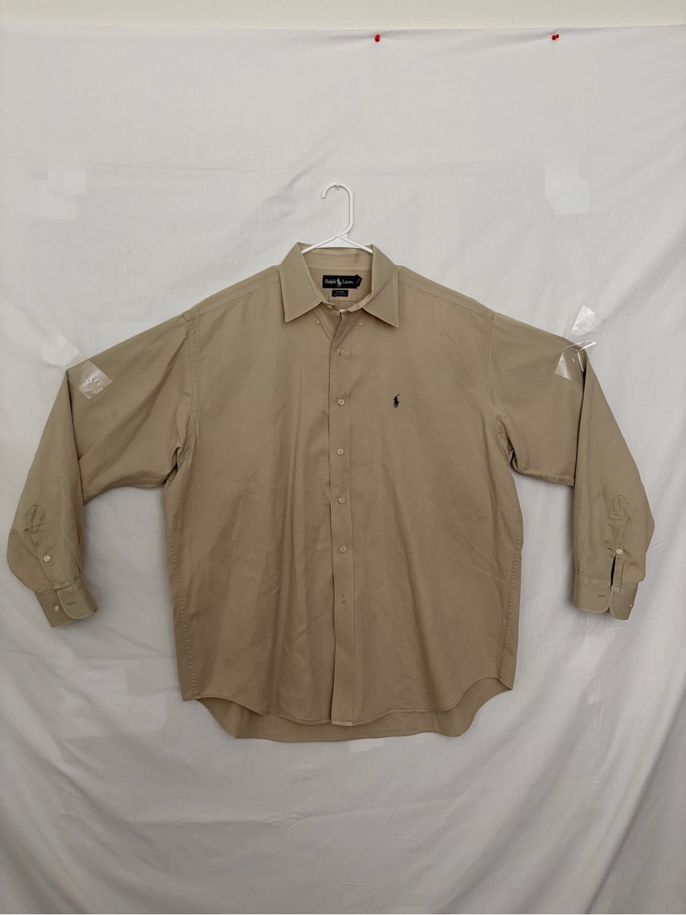 Vintage 90s Ralph Lauren Mens XL BLAIRE Khaki Tan Cotton Shirt Shadow Pony(A957)